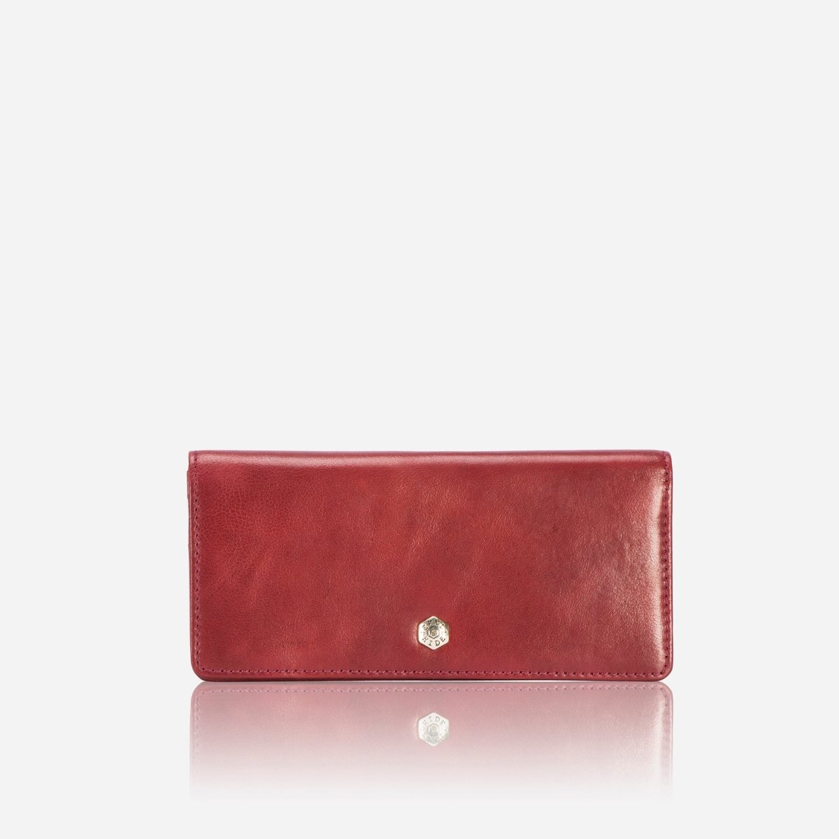 Jekyll and Hide large red leather purse with multiple compartments, offering space for cards, cash, and coins, front image