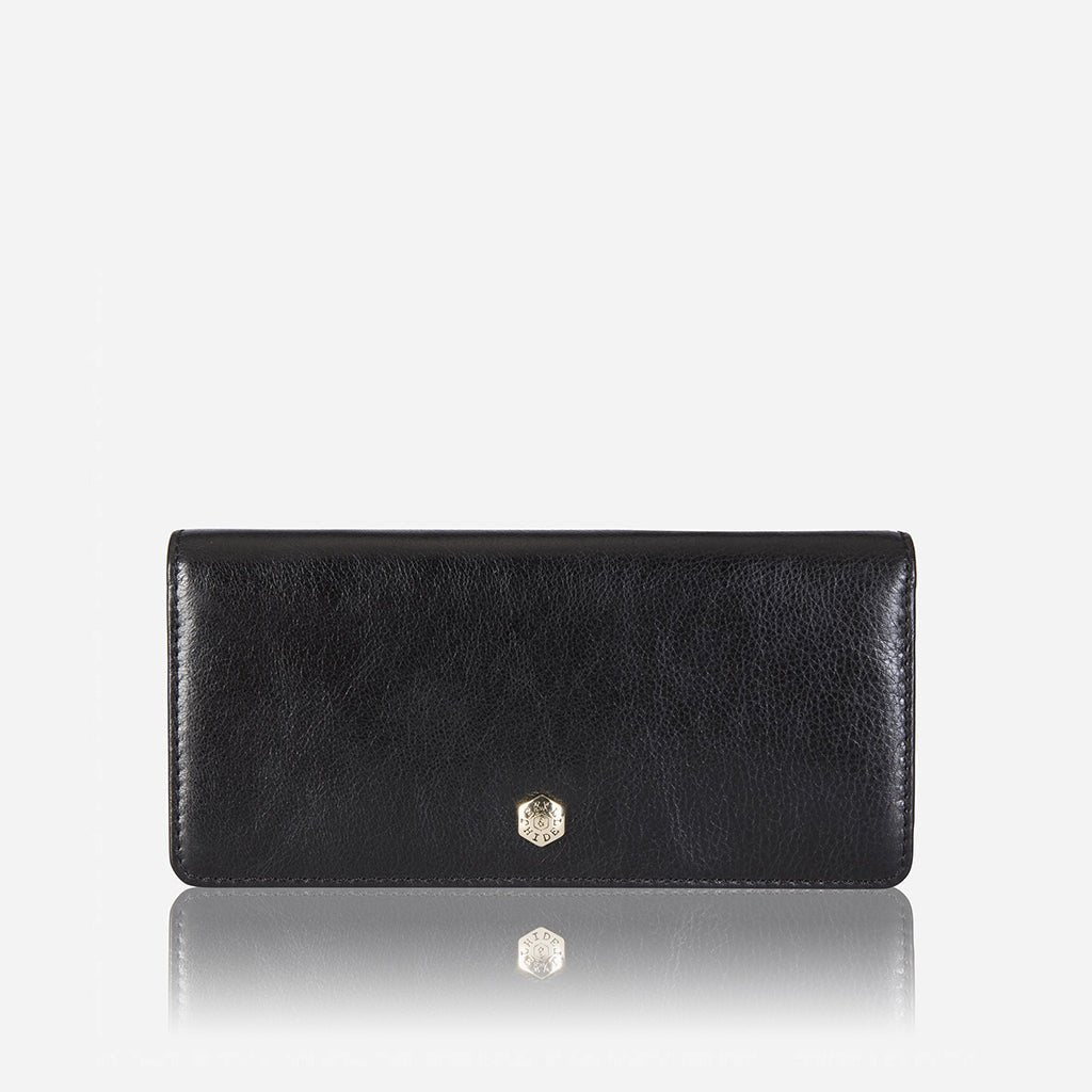 Jekyll and Hide large black leather purse with multiple compartments, offering space for cards, cash, coins, front image