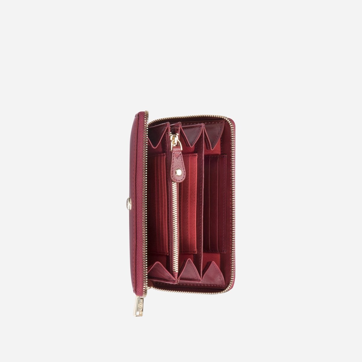 Jekyll and Hide medium zip around purse in red leather, with multiple card slots and a secure zip closure, inside image